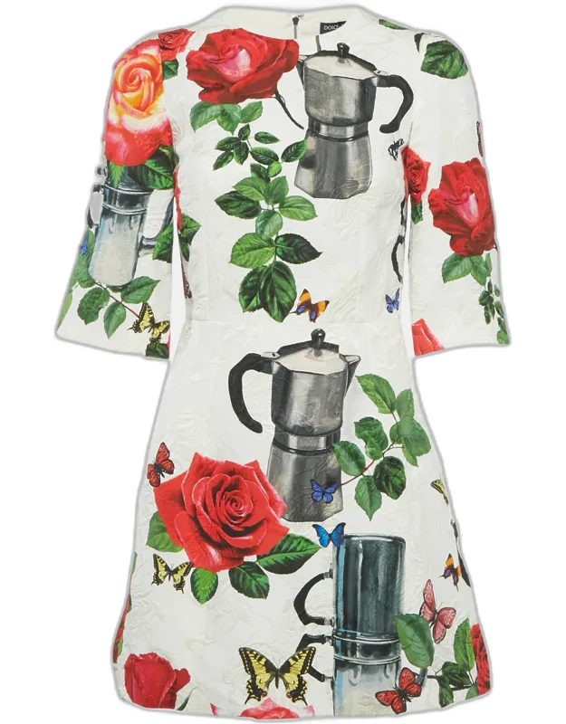 White Flowers Print Jacquard Mini Dress