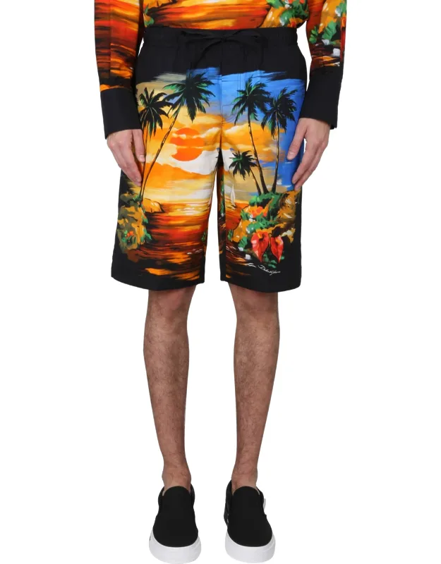 Bermuda Shorts With Hawaii Print And Drawstring 100% Cotton