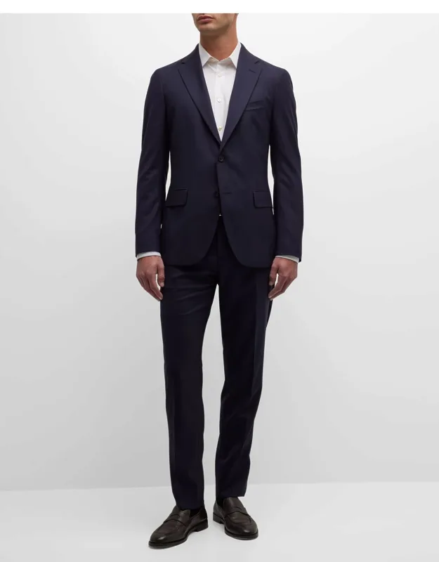 _solid Wool Suit With Notched Lapels And Double-vented Back_