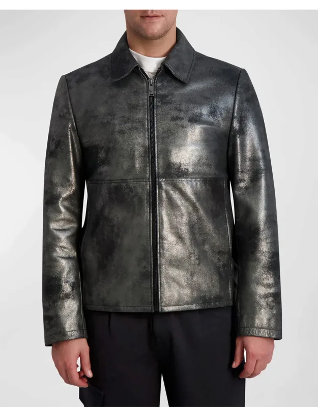 Metallic Leather Shirt-collar Jacket